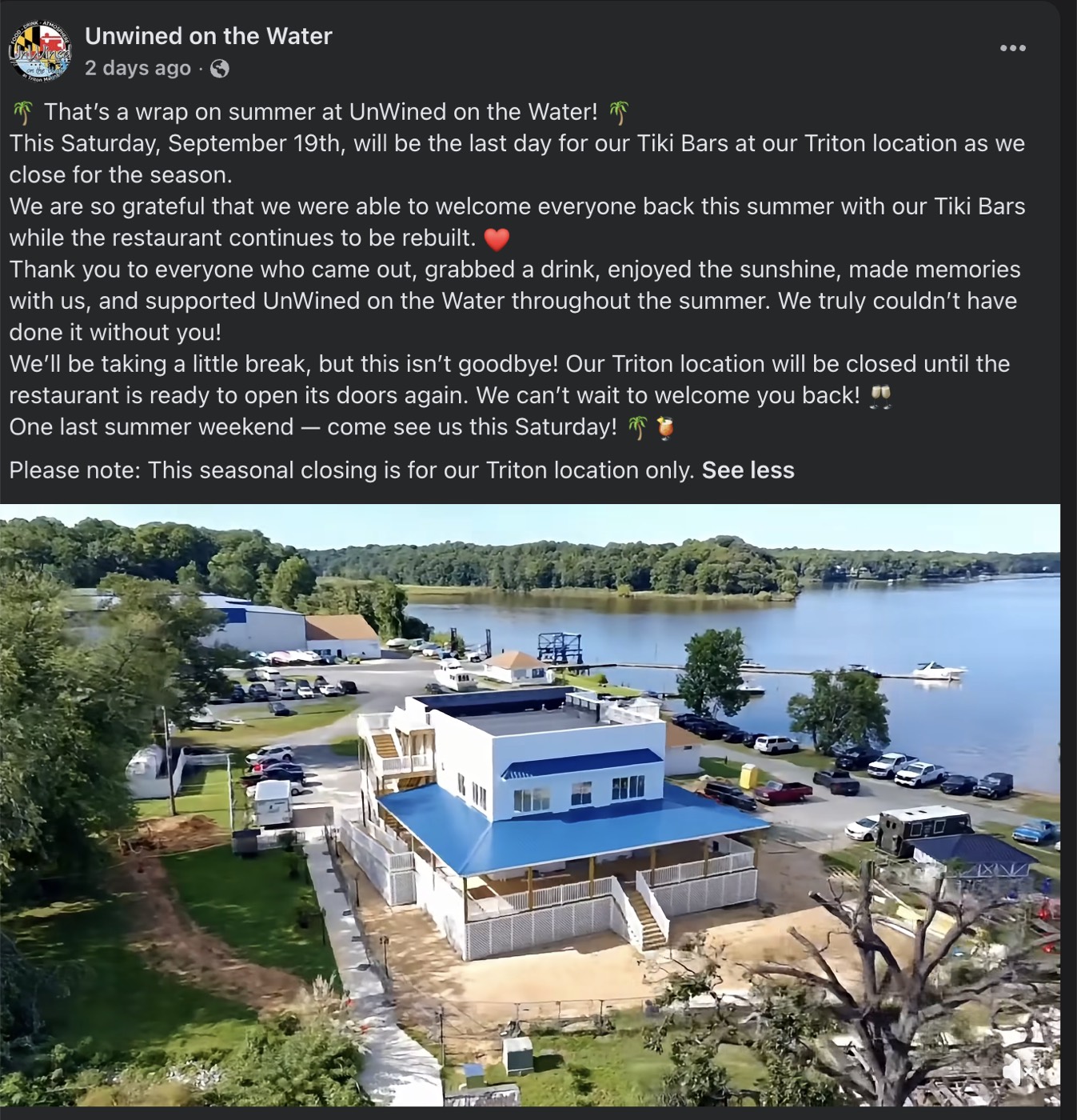 The rebuilding restaurant beside the Elk River at Triton Marina
